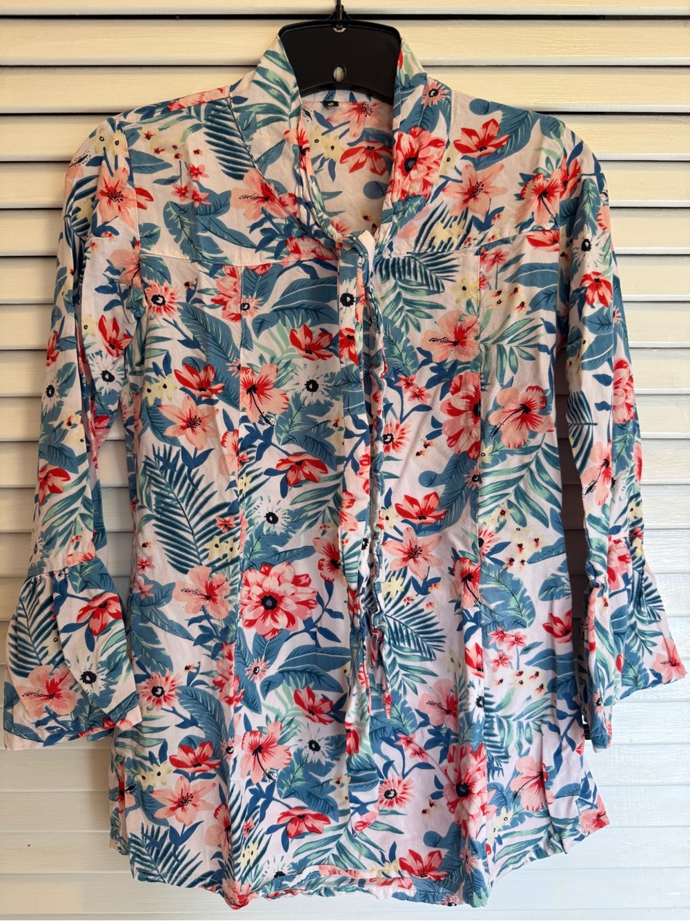 Floral Tie-Neck Women's Top - Blue & Pink